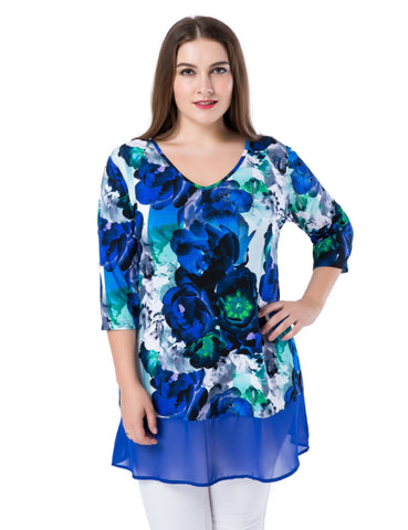 Chicwe Women's Plus Size Floral Printed Tunic Top V-Neck with Chiffon Hem US16-26