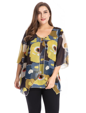 Chicwe Women's Plus Size Floral Printed Top Blouse with Metal Trim and Bell Sleeves 1X-4X