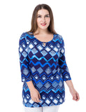 Chicwe Women's Plus Size Printed Tunic Top Notched Round Neck 3/4 Sleeves US16-26