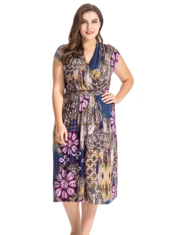 Chicwe Women's Plus Size Floral Printed Dress Cap Sleeves with Waist Belt US16-26