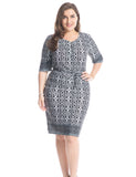 Chicwe Women's Plus Size Border Printed Dress with Zipped Round Neck and Waist Belt US16-26