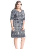 Chicwe Women's Plus Size Border Printed Dress with Zipped Round Neck and Waist Belt US16-26